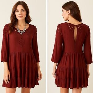 Free People Scarlet lace embroidered eyelet cotton boho mini dress. Peasant. M